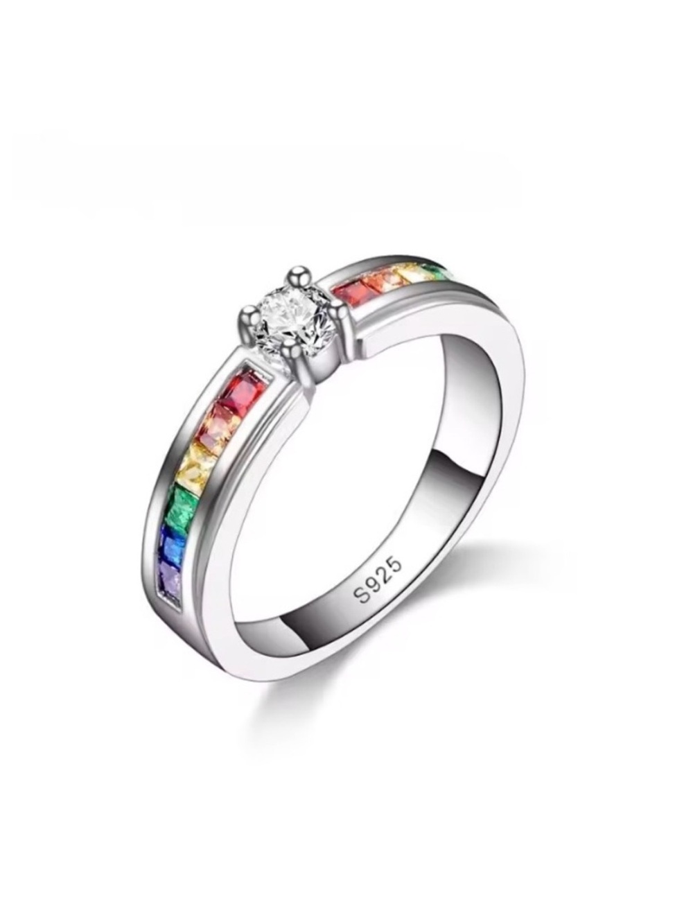 Sterling Silver Rainbow CZ Solitaire Ring - Multicolor